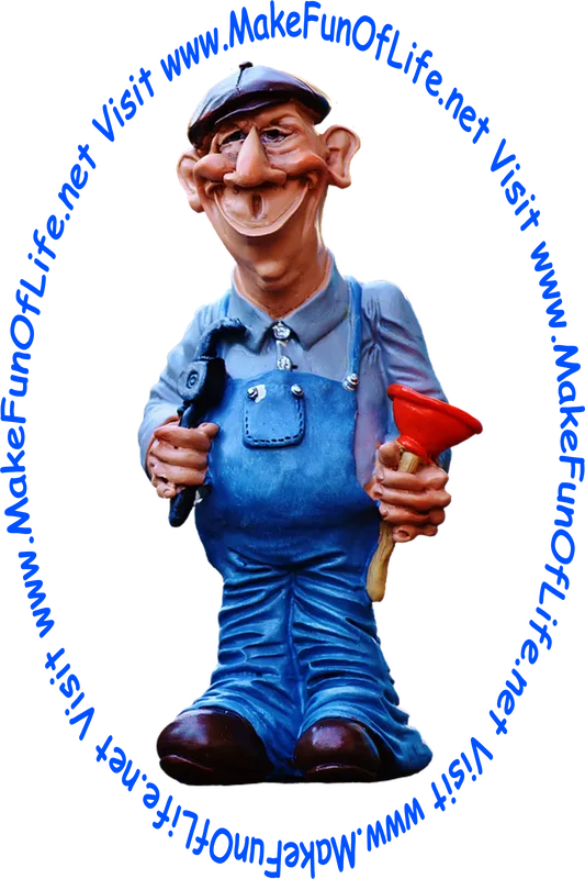 Picture of a plumber holding a pipe wrench and a plunger.