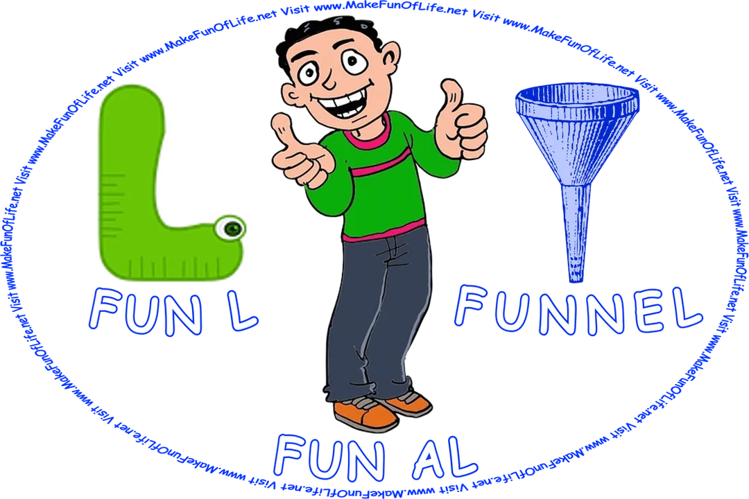 Picture of a green letter L with an eye, so that it resembles a snake, a happy, smiling, thumbs up man named Al, and a funnel that has a wide opening at one end and a narrow opening at the other end, and the words, ‘Visit www.MakeFunOfLife.net.’