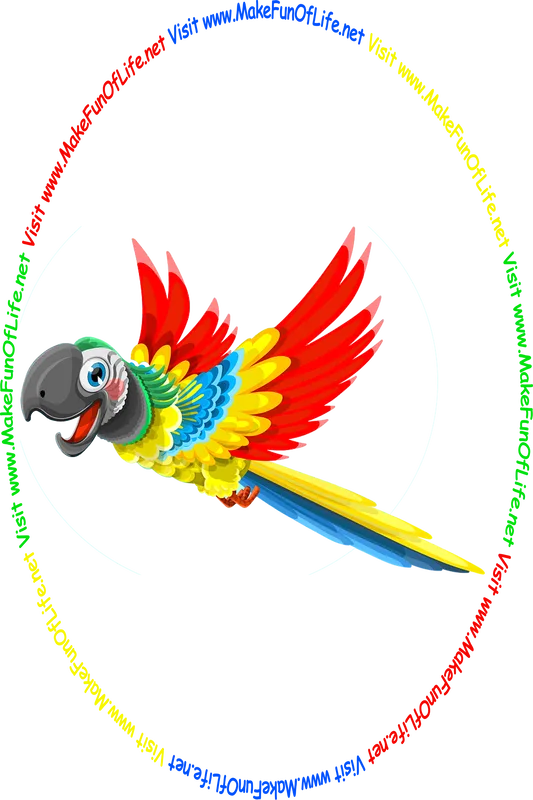 Picture a happy flying parrot with feathers in bright red, yellow, blue, orange, and green, and the words, 'Visit www.MakeFunOfLife.net.'