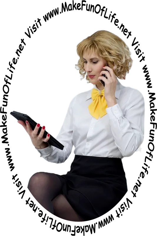 Picture of a woman talking on a cell phone that she is holding in one hand while looking at a computer tablet she is holding in her other hand, and the words, 'Visit www.MakeFunOfLife.net.'