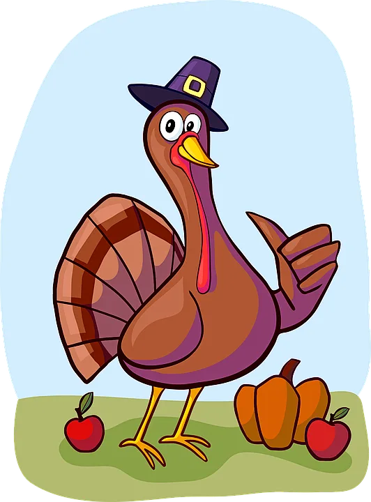 Picture of a turkey, apples, and a pumpking