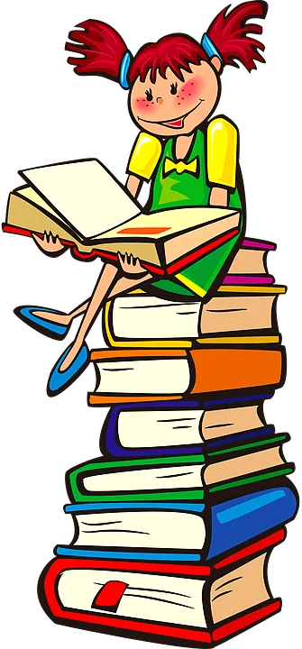 Picture of a happy smiling girl sitting on a stack of books and reading a book.