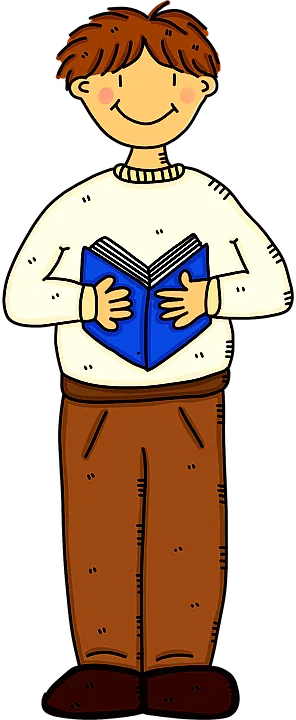 Picture of a happy smiling boy reading a book.