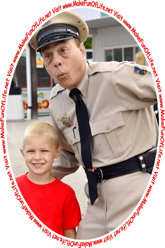 Picture of a happy smiling Barney Fife reenactor and a happy smiling boy at a Mayberry Fair, looking at the words and pictures on the website, and the words, ‘Visit www.MakeFunOfLife.net.’