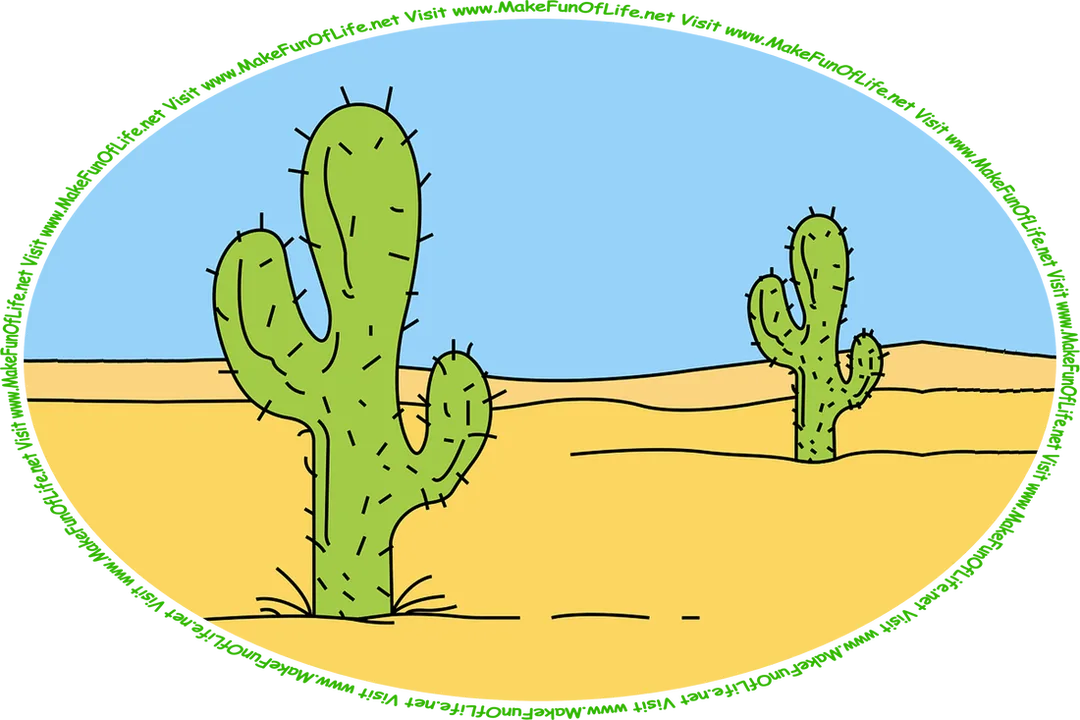Picture of two prickly green cactuses with arm-like branches growing in a sandy desert under a clear blue sky, and the words, ‘Visit www.MakeFunOfLife.net.’