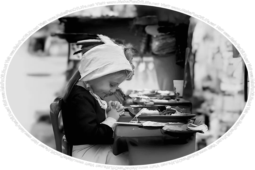 Picture of a girl seated at a dining table, her head bowed and her hands folded together, and the words, ‘Visit www.MakeFunOfLife.net.’