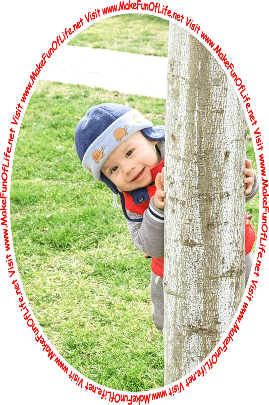 Picture of a happy smiling toddler peeking out from behind a tree and the words, 'Visit www.MakeFunOfLife.net.'