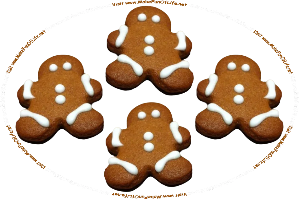Picture of four gingerbread men with white frosting dots for eyes, and the words, ‘Visit www.MakeFunOfLife.net.’