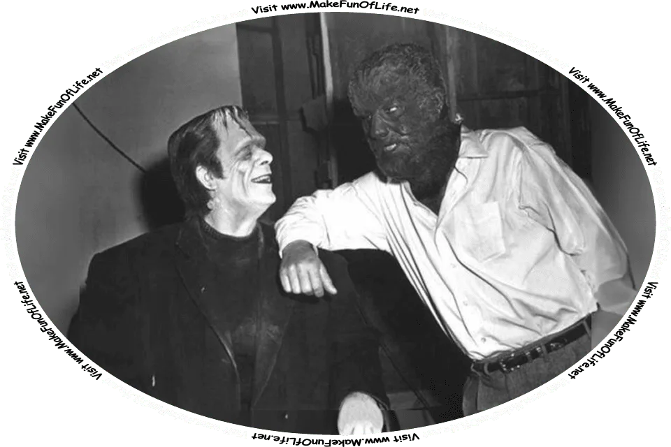 Picture of Frankenstein’s Monster laughing at a joke the Wolfman is telling, and the words, ‘Visit www.MakeFunOfLife.net.’