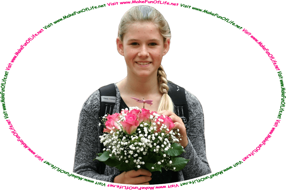 Picture of a happy smiling woman a bouquet of flowers, and the words, Visit www.MakeFunOfLife.net.