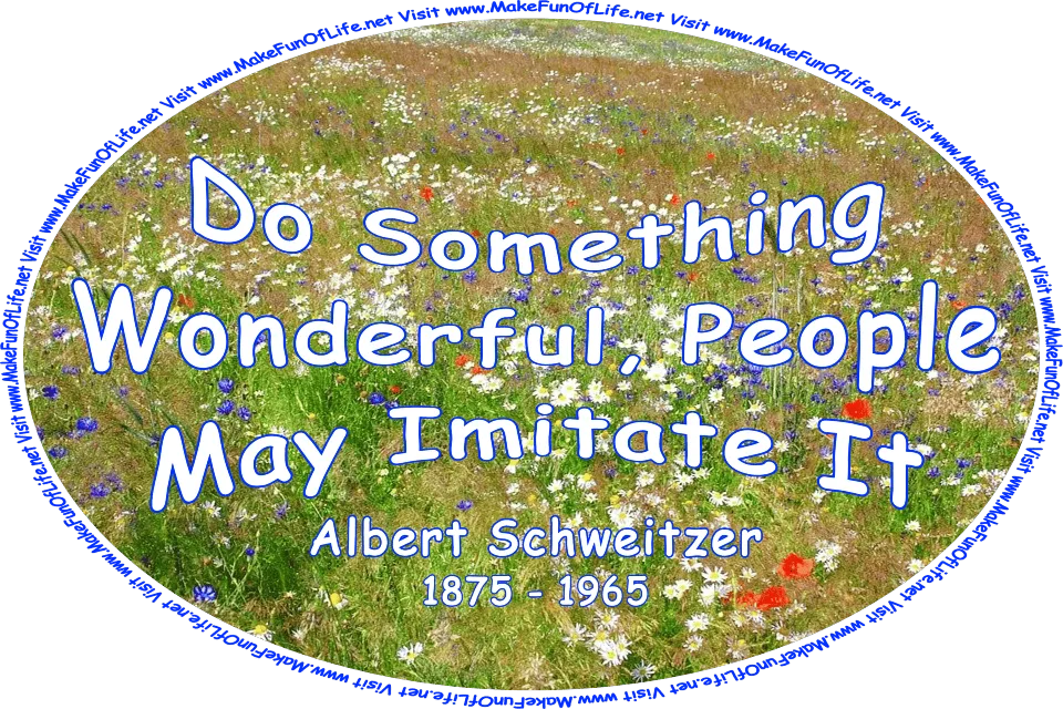 Picture of a meadow filled with wildflowers with some white blossoms and other blossoms in shades of red, blue, and yellow, and the words, ‘Do Something Wonderful, People May Imitate It - Albert Schweitzer - 1875 - 1965 - Visit www.MakeFunOfLife.net.’