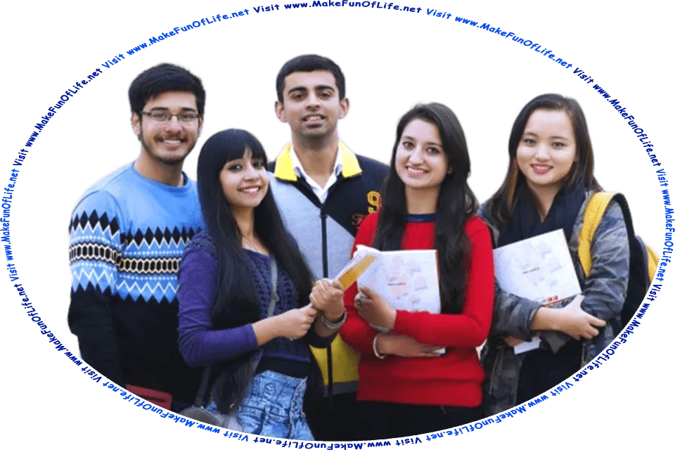 Picture of a group of happy smiling young men and young women standing together outside a brick building, and the words, Visit www.MakeFunOfLife.net.