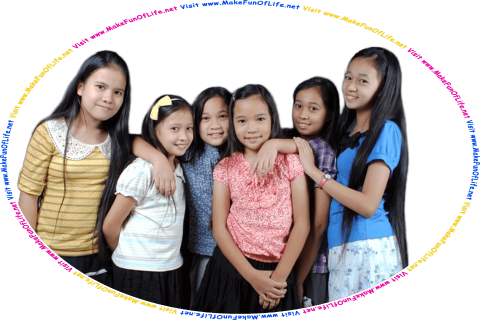 Picture of six happy smiling schoolgirls, and the words, Visit www.MakeFunOfLife.net.