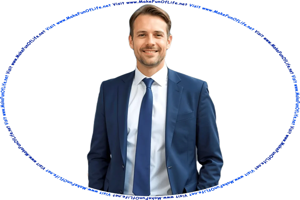 Picture of a happy smiling in a blue business suit with a matching necktie and a white shirt, and the words, Visit www.MakeFunOfLife.net.
