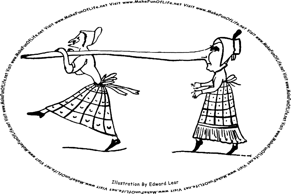 Sketch by Edward Lear of a two women walking, and the words, Visit www.MakeFunOfLife.net.