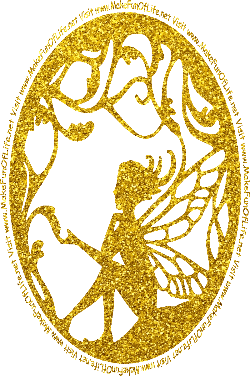Picture of a winged fairy sitting on the ground, contemplating a plant leaf, and the words, ‘Visit www.MakeFunOfLife.net.’