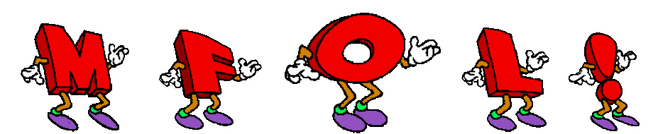 Picture of dancing letter characters M, F, O, L, followed by a dancing exclamation point, standing for Make Fun Of Life! all positioned just above the music or audio controls including the on button and the off button.
