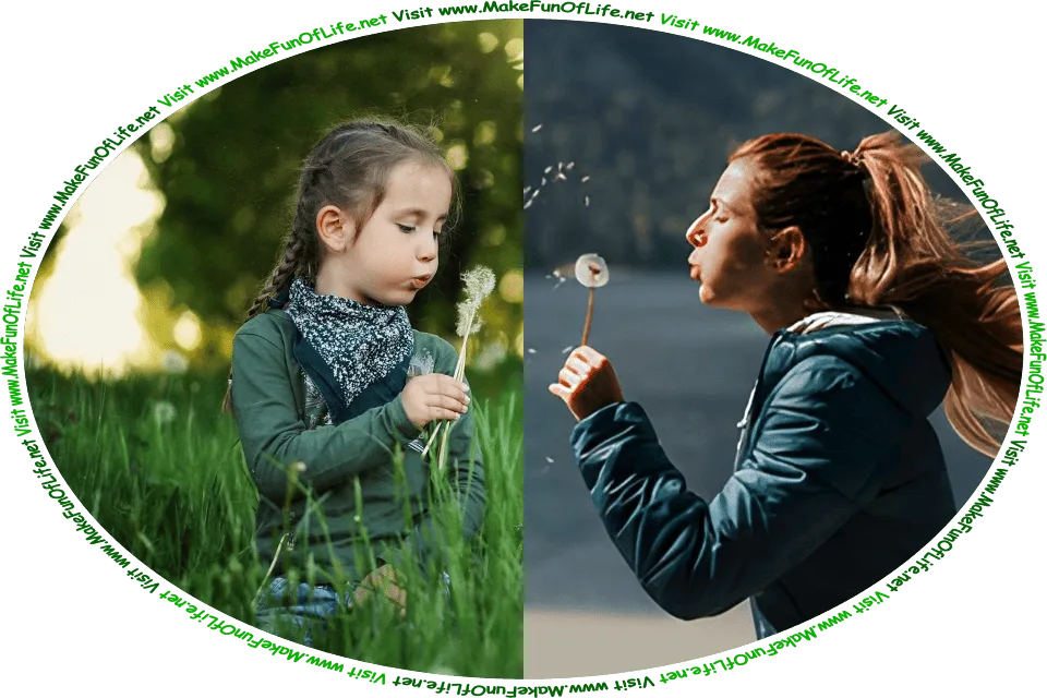 Picture of a young girl and later as an adult woman, blowing on the seed tufts of dandelion flowers, causing them to fly off into the air and float along in the air currents, and the words, ‘Visit www.MakeFunOfLife.net.’
