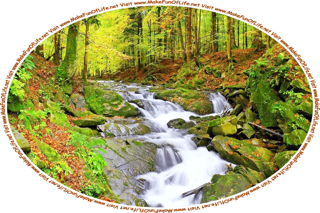 Picture of a stream running down a slope over large dark green moss-covered rocks in a dense woods with green leafy trees that are beginning to change to early Autumn colors of yellow, orange, and red, and the words, ‘Visit www.MakeFunOfLife.net.’