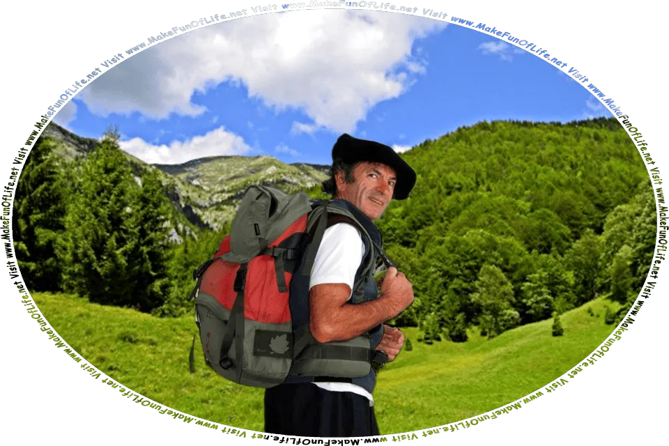 Picture of a man with a backpack hiking in a hilly and mountainous area, and the words, Visit www.MakeFunOfLife.net.