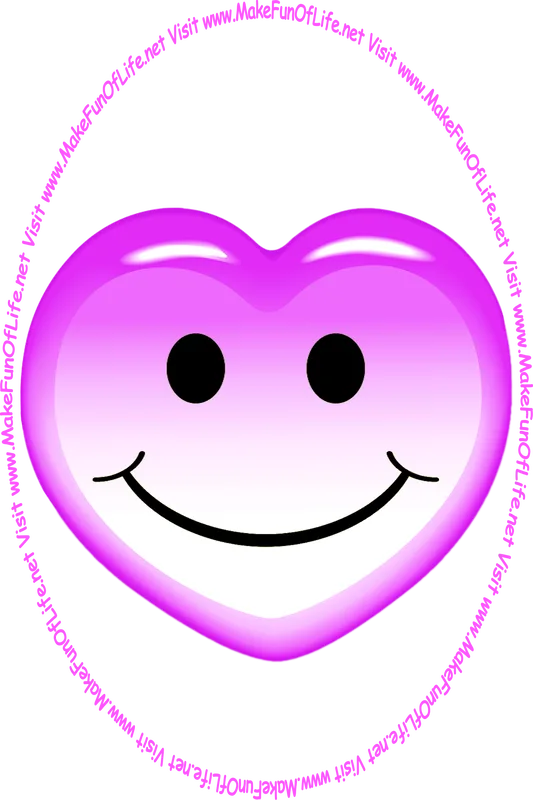 Picture of a purplish-lavender heart with a whimsical smiley face on it, and the words, ‘Visit www.MakeFunOfLife.net.’