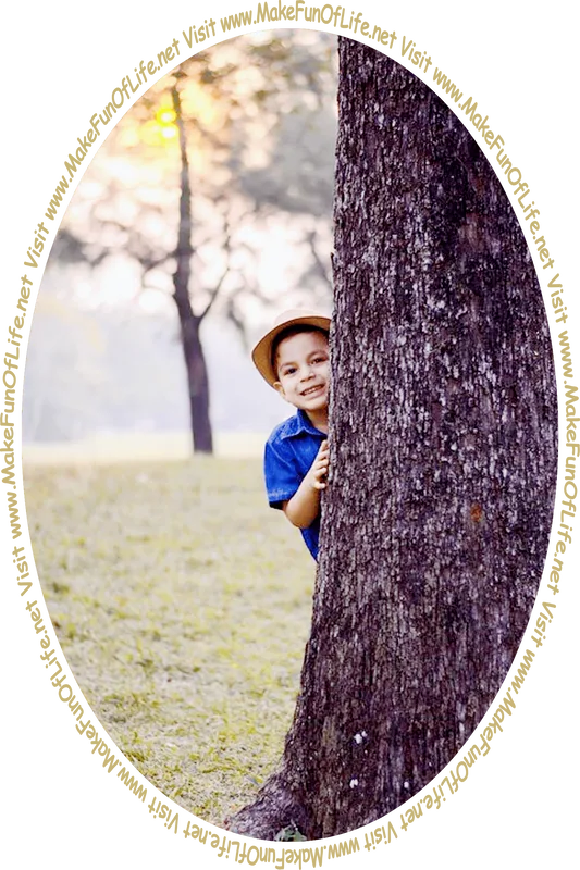 Picture of a boy looking out from behind a tree trunk and the words, 'Visit www.MakeFunOfLife.net.'