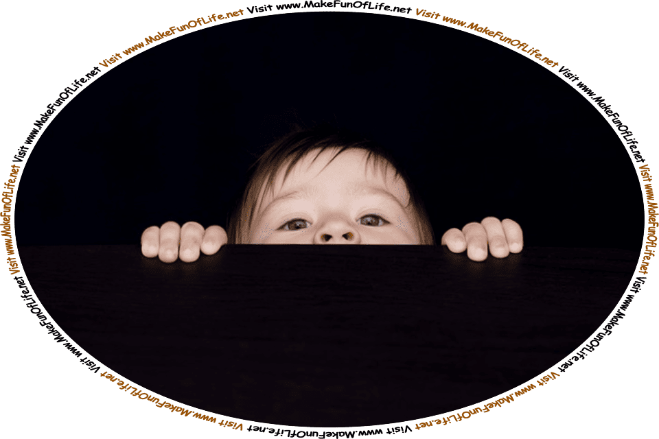 Picture of a young child peering up over the edge of a table, and the words, ‘Visit www.MakeFunOfLife.net.’