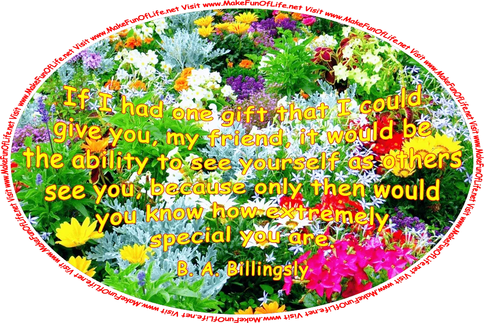 Picture of a variety of flowering plants, with yellow, orange, pink, blue, purple, and white blossoms, and the words, ‘If I had one gift that I could give you, my friend, it would be the ability to see yourself as others see you, because only then would you know how extremely special you are. - B. A. Billingsly - Visit www.MakeFunOfLife.net.’