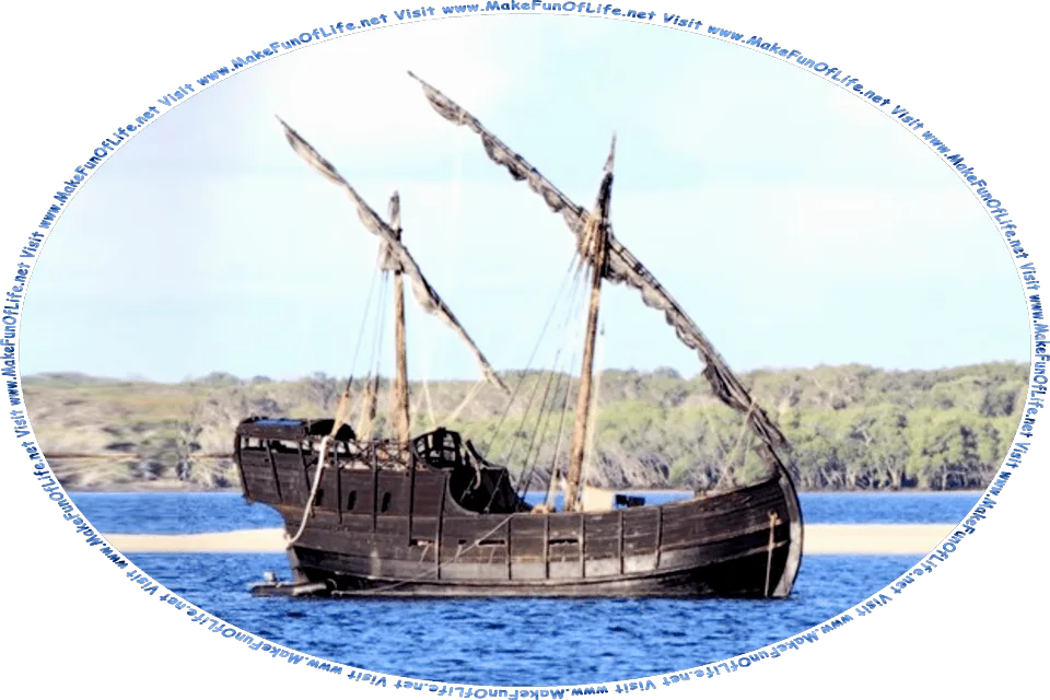 Picture of an old dilapidated two-masted sailing ship, and the words, Visit www.MakeFunOfLife.net.