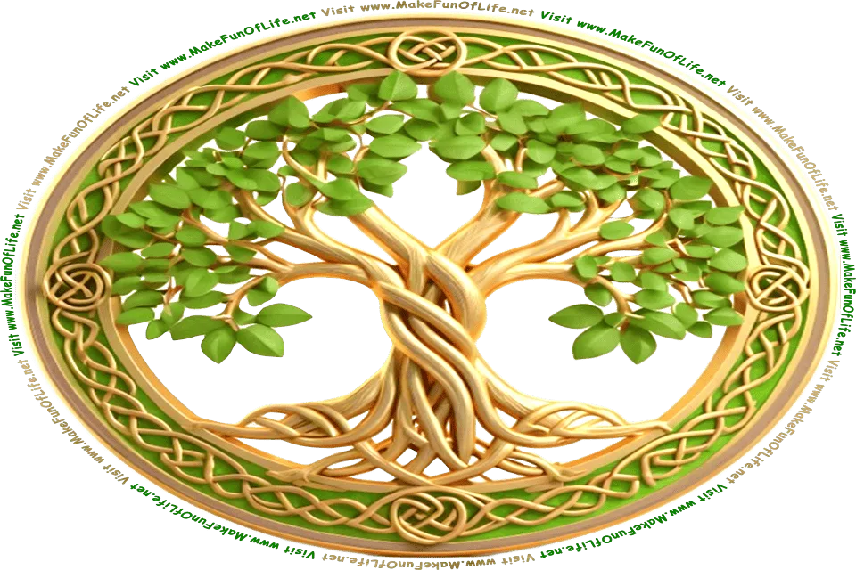 Green and metallic gold picture of a Celtic Dara Knot surrounding a Tree Of Life, and the words, Visit www.MakeFunOfLife.net.