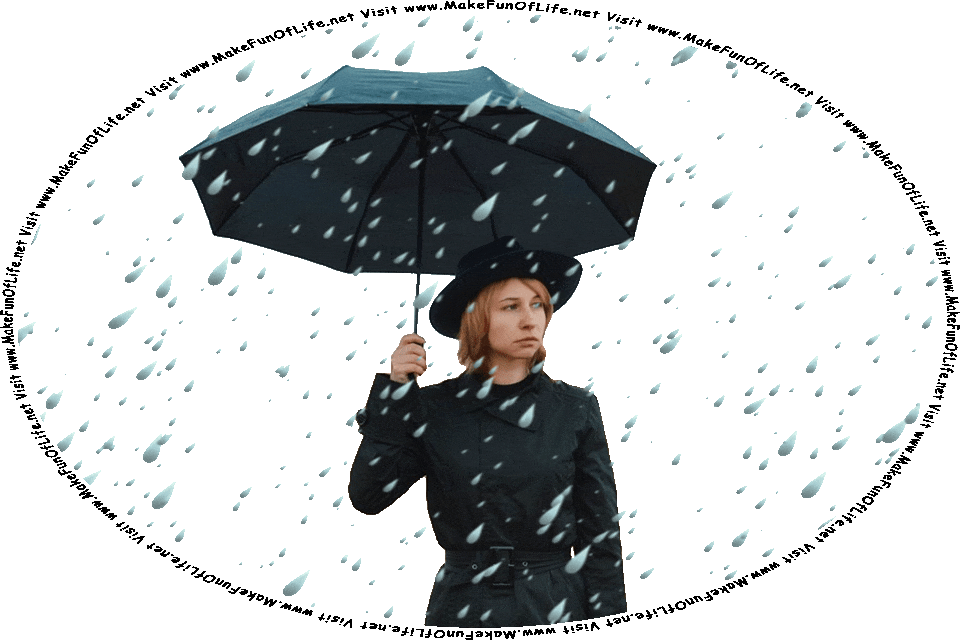 Picture of a woman dressed in an overcoat and holding an umbrella over her head while standing in the pouring rain.