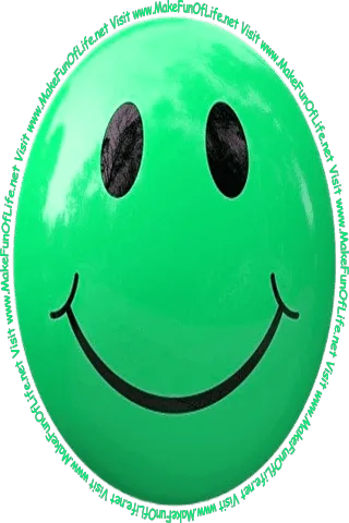 Picture of a light bluish-green smiley face and the words, 'Visit www.MakeFunOfLife.net.'