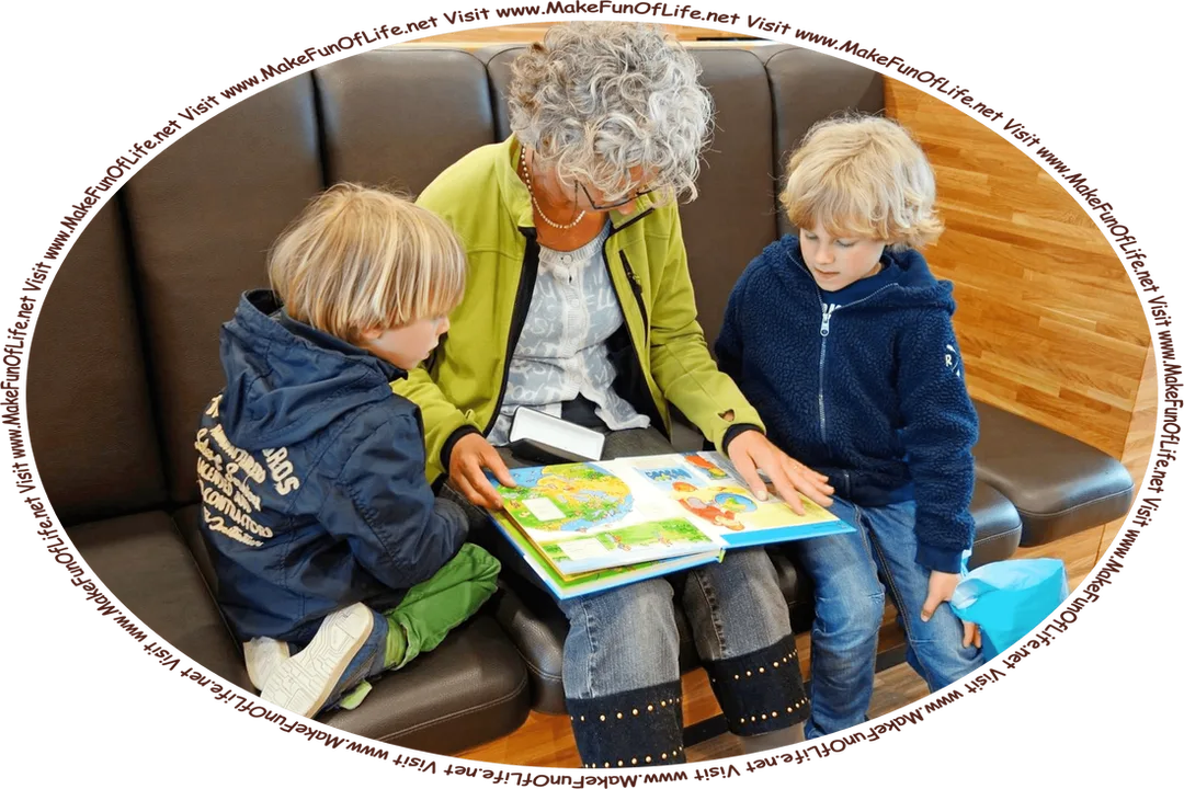 Picture of a grandmother reading an open book in her lap and her two grandsons seated at either side of her, and the words, ‘Visit www.MakeFunOfLife.net.’