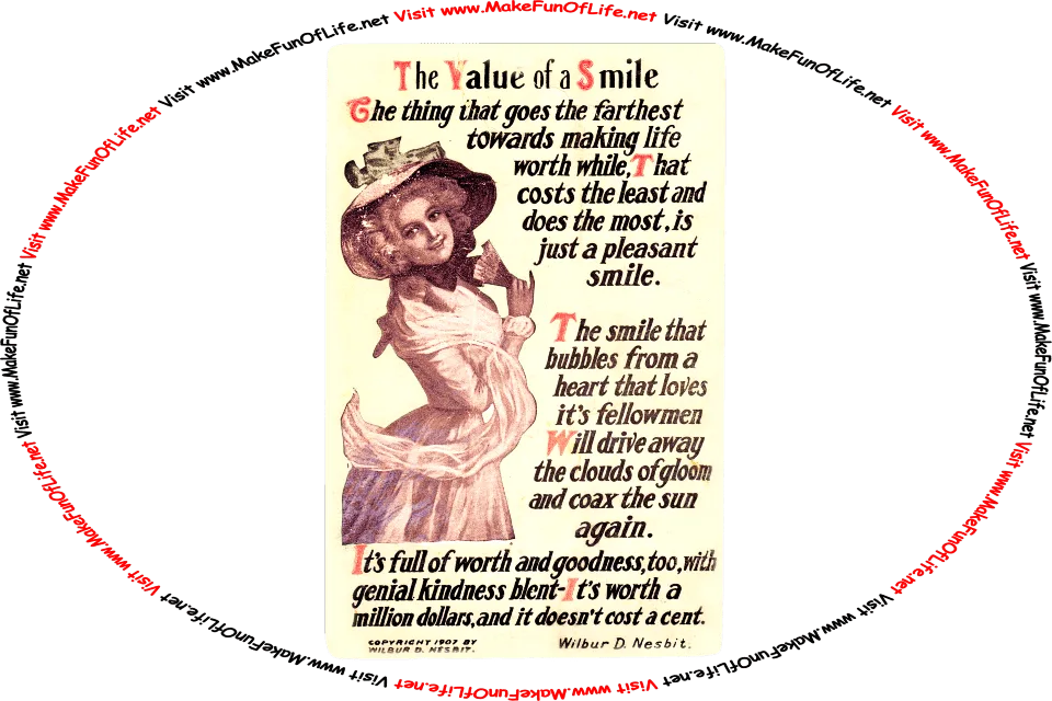 Picture of a vintage poster showing a happy smiling woman, along with the words of the poem below, and the words, Visit www.MakeFunOfLife.net.