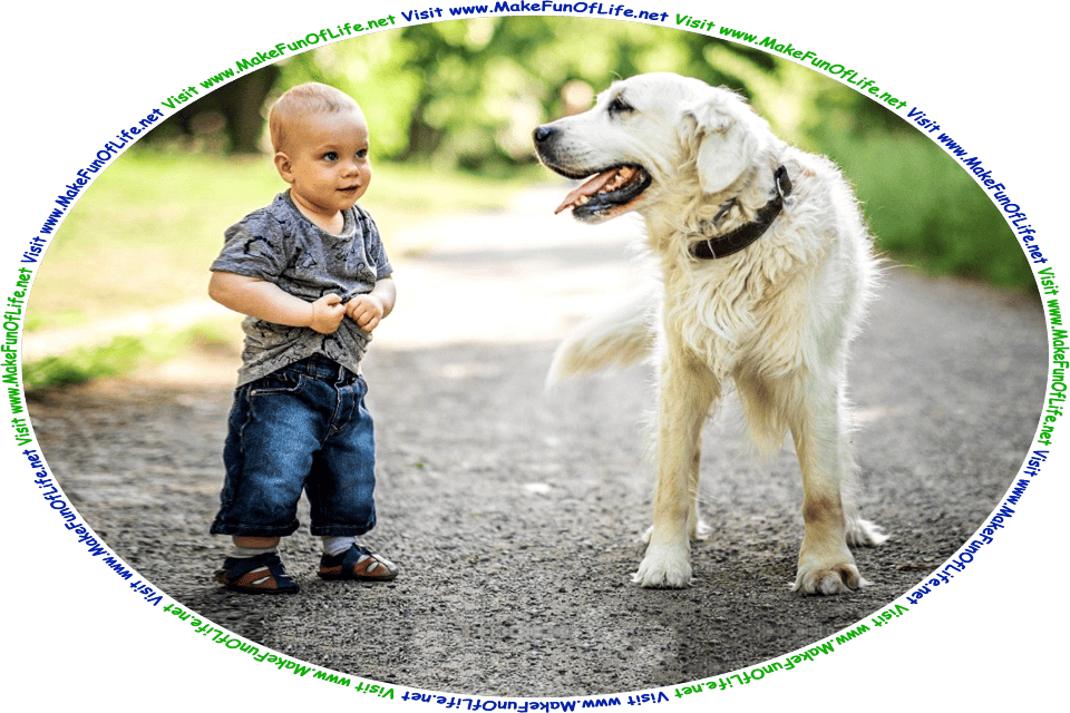 Picture of a happy smiling young boy standing in a driveway, next to a large dog that is slightly taller than him, and the words, Visit www.MakeFunOfLife.net.