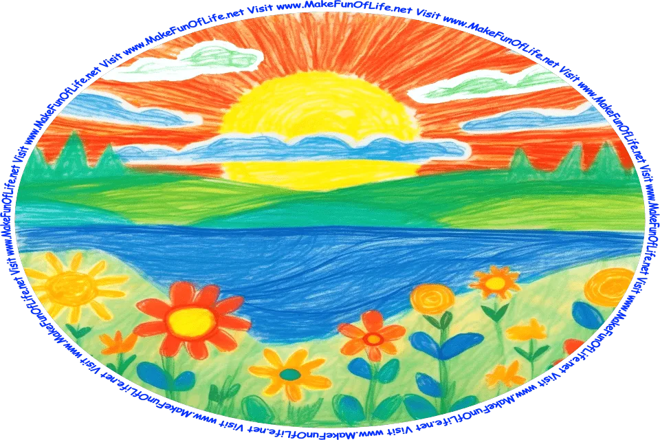 A crayon drawing of a yellow sun, a blue river, orange flowers, red flowers, green clouds and blue clouds in the sky, and the words, ‘Visit www.MakeFunOfLife.net.’