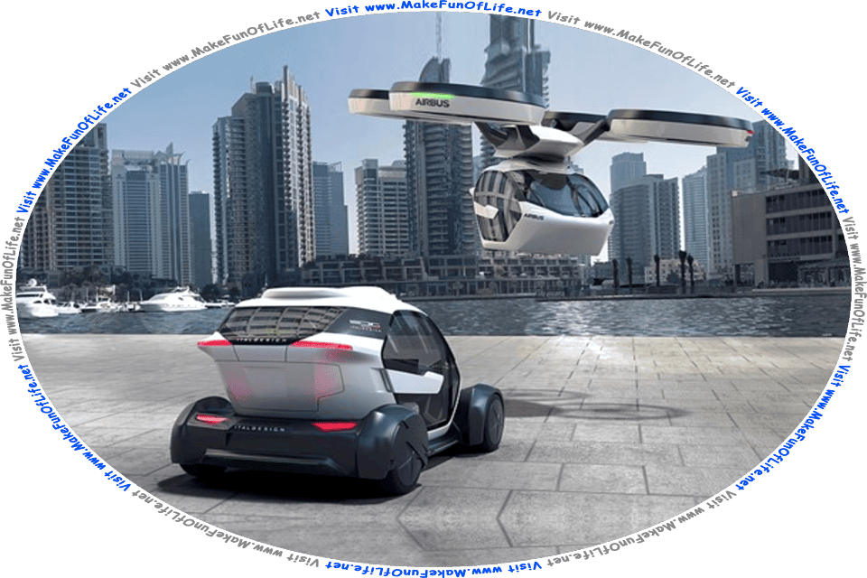 Picture of an automobile parked next to a marina with pleasure boats moored in it, as a flying car approaches to land, in a city of numerous tall skyscrapers, and the words, Visit www.MakeFunOfLife.net.