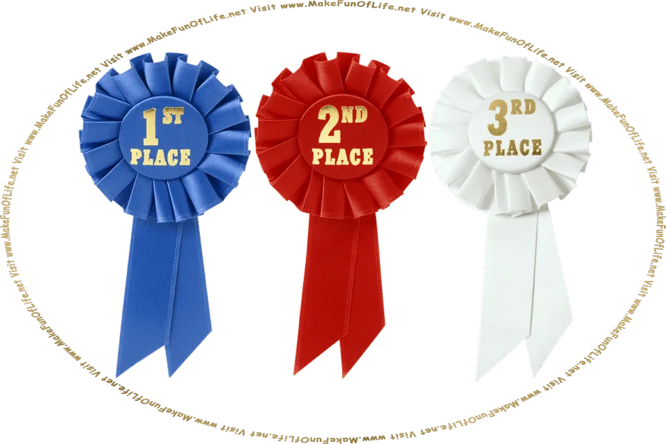 Picture of a first place blue ribbon, a second place red ribbon, a third place white ribbon, and the words, ‘Visit www.MakeFunOfLife.net.’