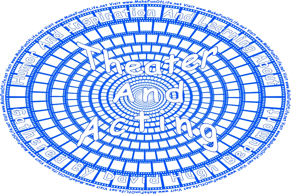 Picture of a background of several concentric circles of old fashioned movie projector film, and the words, Humor And Inspiration And Learning About Theater And Acting Gathered By David Hugh Beaumont - Visit www.MakeFunOfLife.net.
