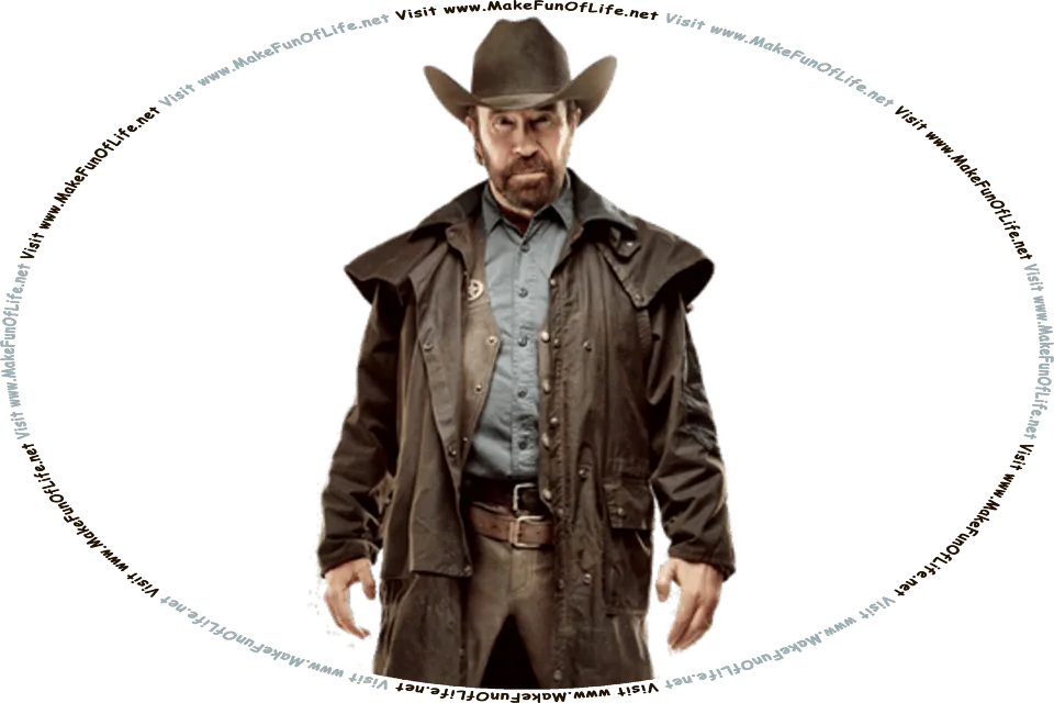 Picture of a stern-looking Chuck Norris dressed in a wild-west lawman outfit, with cowboy hat, badge, and gun belt, and the words, Visit www.MakeFunOfLife.net.