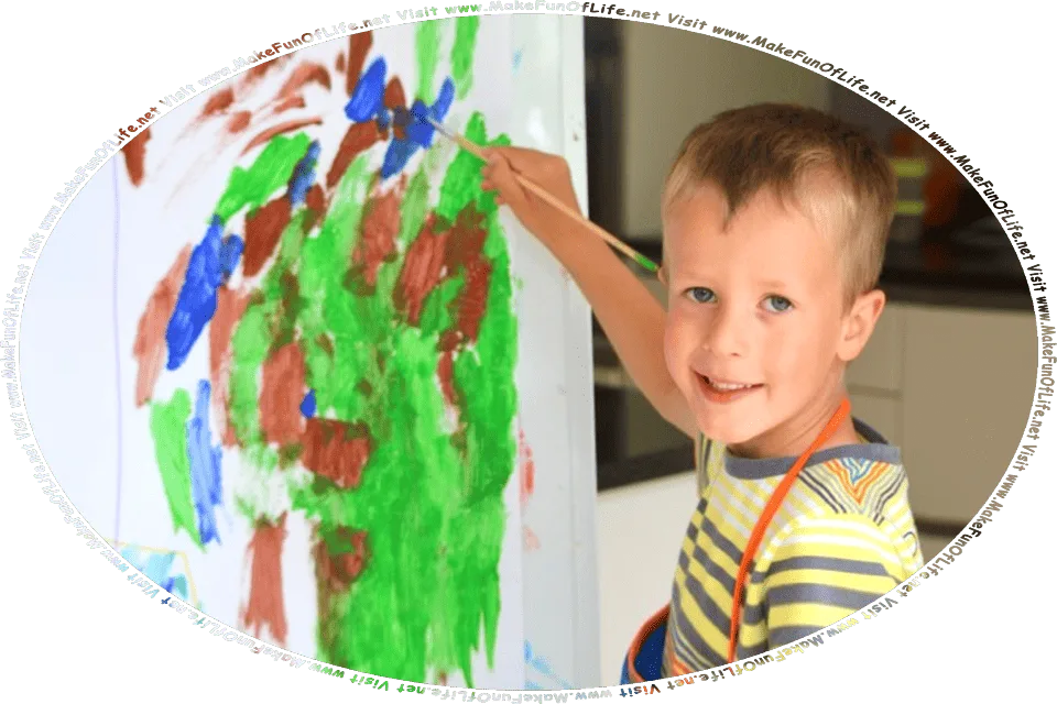 Picture of a happy smiling boy holding a paintbrush over an abstract painting he is making, and the words, Visit www.MakeFunOfLife.net.