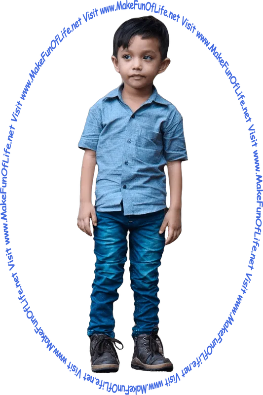 Picture of a boy looking at the words and pictures on the website, and the words, ‘Visit www.MakeFunOfLife.net.’