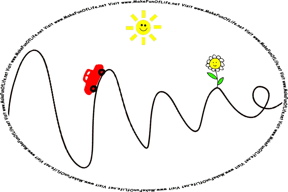 Picture of a red cartoon car following a twisting turning line as a road, with a happy smiling Sun above, a happy smiling flower a short distance down the road, and the words, Visit www.MakeFunOfLife.net.