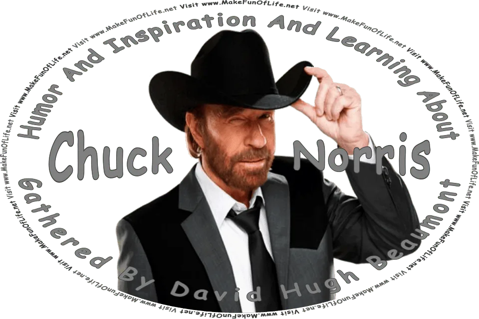 Picture of a happy smiling, winking, hat-tilting Chuck Norrisa dressed in neo-Western attire, with a black and gray jacket and black hat, and the words, Humor And Inspiration And Learning About Chuck Norris Gathered By David Hugh Beaumont - Visit www.MakeFunOfLife.net.