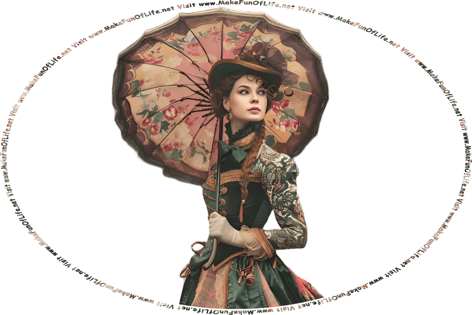 Picture of a woman holding a parasol over her head, and the words, Visit www.MakeFunOfLife.net.