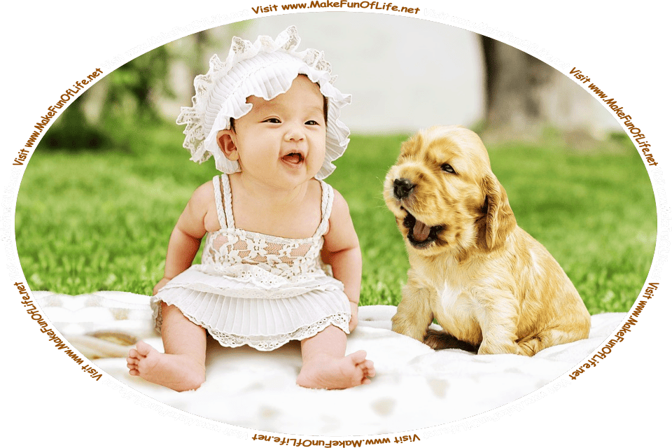 Photograph of a happy smiling infant sitting on a blanket next to a puppy dog, in a green grassy area, and the words, ‘Visit www.MakeFunOfLife.net.’