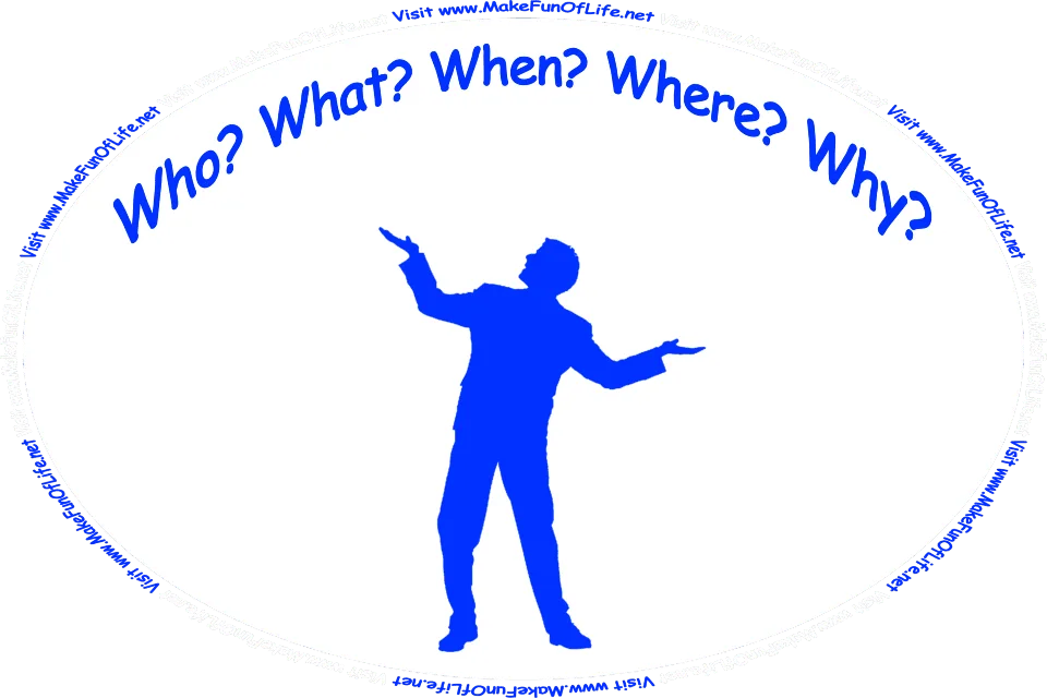 Silhouette of a human figure standing and looking at the following words that are floating in the air: Who, What, When, Where, and Why, and the words, ‘Visit www.MakeFunOfLife.net.’