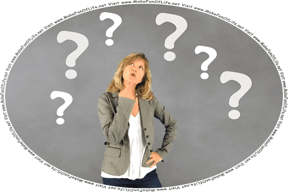 Picture of a woman gazing quizzically upward, with large questions marks floating around her, and the words, Visit www.MakeFunOfLife.net.