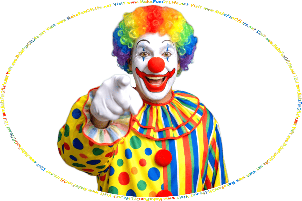 Picture of a happy smiling clown wearing a multicolored wig and a brightly polka dotted and striped clown costume, and the words, Visit www.MakeFunOfLife.net.