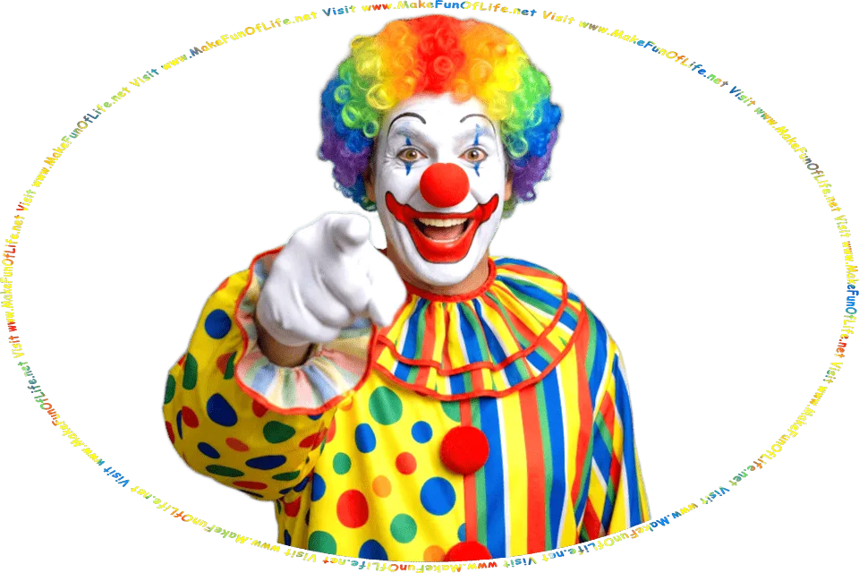 Picture of a happy smiling clown wearing a multicolored wig and a brightly polka dotted and striped clown costume, and the words, Visit www.MakeFunOfLife.net.